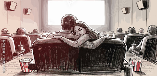 Romantic movie night illustration showcasing a loving couple embracing in the dark cinema, sharing popcorn and a cherished intimate experience together on a special date