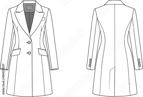 Technical illustration of a classic women s tailored coat front and back views in black and white