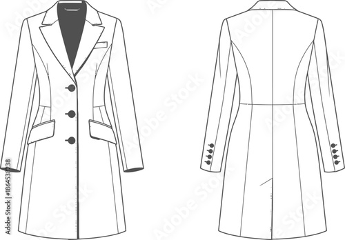 Fashion illustration of a classic grey wool coat shown from front and back views technical drawing