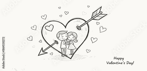 Hand-drawn sketch of a loving couple embracing within a heart shape, pierced by a symbolic arrow, representing deep romance and heartfelt affection