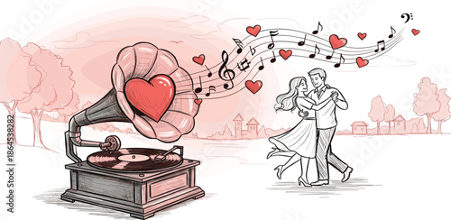 Whimsical illustration of a vintage gramophone serenading with romantic melodies and flying hearts, as a joyful couple dances gracefully, embodying timeless love and shared happiness