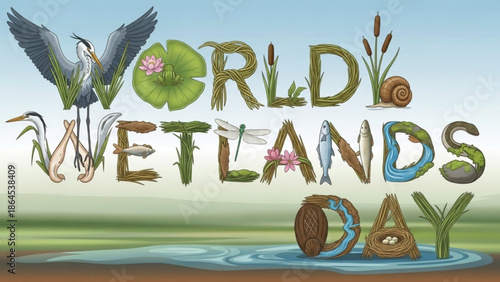 World wetlands day illustration with herons, lily pad, cattails, snails, dragonfly, fish, and aquatic plants in a serene landscape with ecosystem