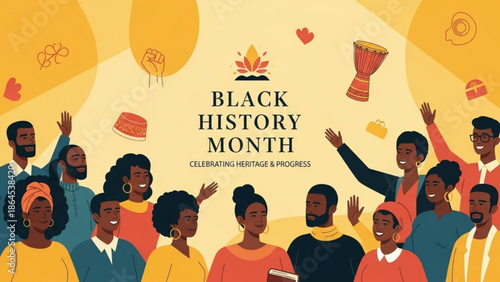 Diverse group of people celebrating black history month with hands raised in joy and colorful decorations around them with celebration and heritage