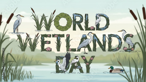 World wetlands day celebration with herons and ducks in a serene natural wetland environment with lush vegetation and calm water with nature