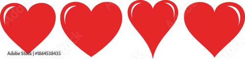 Four red hearts of varying styles and sizes on a white background