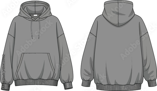 A detailed illustration of a grey oversized hoodie showcasing both front and back views for design purposes