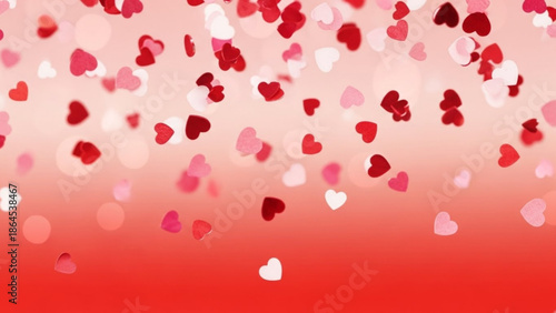 A vibrant festive background with numerous small red, pink, and white heart shapes floating down on a gradient red background, perfect for valentine's day or love themed