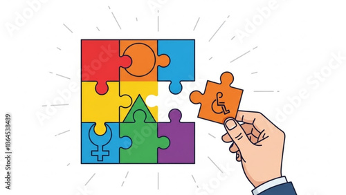 A hand placing a puzzle piece with a disability symbol into a colorful jigsaw puzzle representing diversity inclusion and accessibility with solution