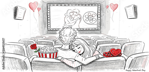 A tender hand-drawn illustration capturing a couple's romantic movie night, embracing in a cozy theater with popcorn, creating cherished memories together