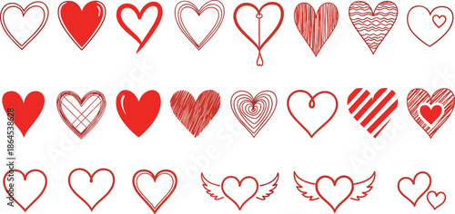 Collection of various red heart illustrations, perfect for Valentine's Day, love, and romantic themes