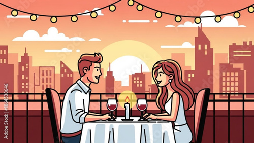 Couple enjoying romantic dinner on rooftop with city skyline view at sunset with string lights with date night and love and evening and restaurant