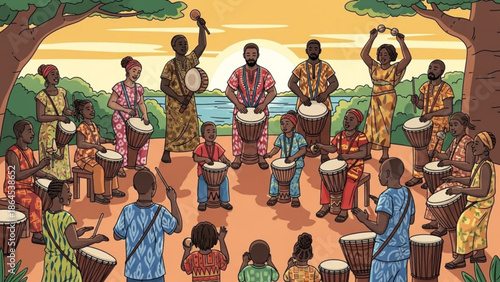 African drummers playing drums outdoors by a serene lake at sunset with trees and lush greenery in a joyful cultural celebration scene with drumming