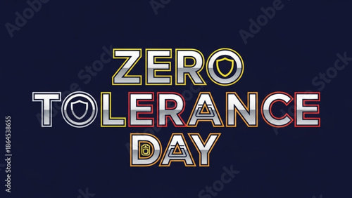 Zero tolerance day awareness campaign typography with shield icons on dark background with social issue and human rights and equality and justice