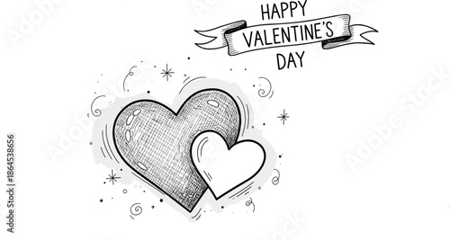 Charming Hand-Sketched Valentine's Day Greeting with Paired Hearts and Festive Banner Design