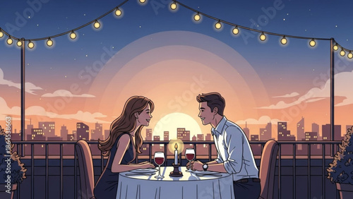 Romantic dinner for two on rooftop with city skyline at sunset with couple and date night and love and relaxation and restaurant and wine glasses