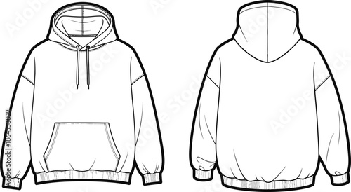 Technical illustration of a simple oversized hoodie with a kangaroo pocket and drawstrings
