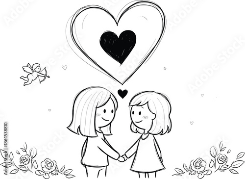 A heartwarming illustration of two women holding hands under a large heart, symbolizing love and connection, with subtle floral accents and a cherub