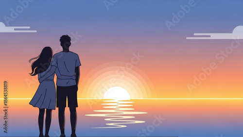 Romantic couple watching sunset over ocean with warm colorful sky and silhouette with love and relaxation and leisure and coastal and serene