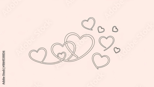 A minimalist line art illustration of intertwined hearts in various sizes on a soft pink background, symbolizing love and affection in a delicate, hand drawn style