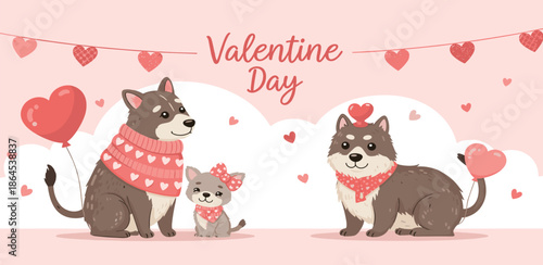 Sweet Valentine's Day illustration featuring a family of cute dogs celebrating love and affection with festive decorations
