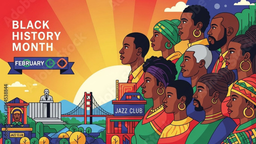 Black history month celebration with diverse group of people, san francisco cityscape, jazz club, and iconic golden gate bridge at sunset with diversity