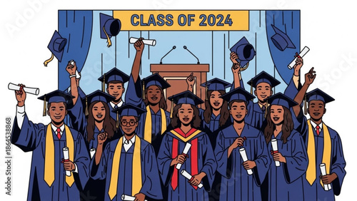 Diverse group of students celebrating graduation with diplomas and caps in air on stage with class of 2024 banner with celebration and commencement