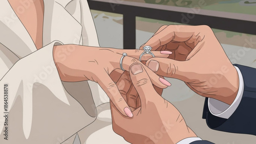 Close up of a man's hand placing a diamond wedding ring on a woman's finger, romantic proposal moment, illustration of couple exchanging vows, engagement symbol