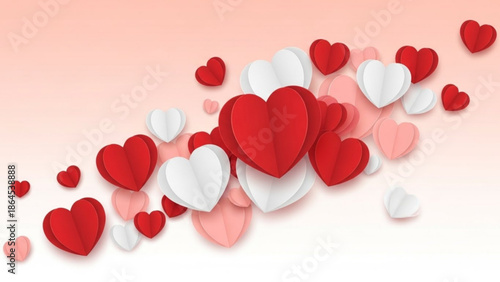 A cluster of red and white hearts floating on a soft pink to white gradient background for valentine's day or love themed designs and decorations