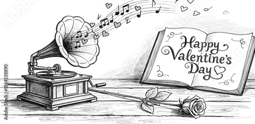 Vintage Romance Serenade Gramophone, music, and a rose celebrate Valentine's Day with timeless affection