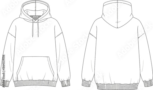Technical fashion illustration of a blank oversized hoodie presented in both front and back views