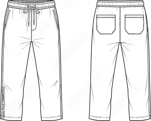 Technical illustration of casual drawstring pants showing front and back views in a flat sketch style