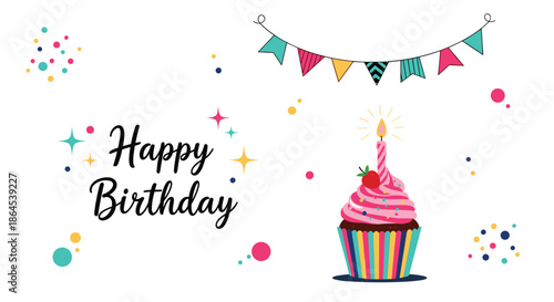 Colorful 'Happy Birthday' greeting card illustration featuring a vibrant cupcake with a candle, a party banner, and festive confetti sparkles.