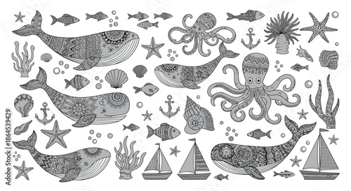 Large collection of black and white sea life illustrations, including whales, octopuses, and shells, all filled with intricate zentangle patterns.