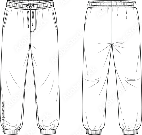Technical illustration of casual sweatpants with drawstring waist and elasticated cuffs front and back view