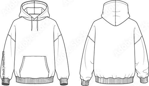 Technical flat sketch of a blank white hoodie front and back views design template