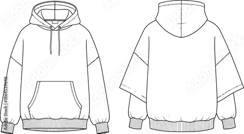 Technical sketch of a loose fitting white hoodie with kangaroo pocket and ribbed details