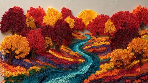 A vibrant, paper quilled landscape depicts an autumn scene with a winding river flowing through colorful trees under a stylized sun