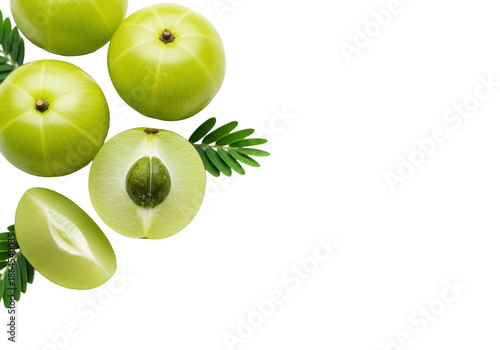 Fresh vibrant green Indian gooseberry Amla fruits (whole, cut, slice) and leaves on bright white background with copy space, soft high-key studio lighting, concept of natural wellness and superfood