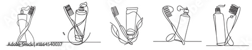 toothpaste and toothbrush vector continuous line style