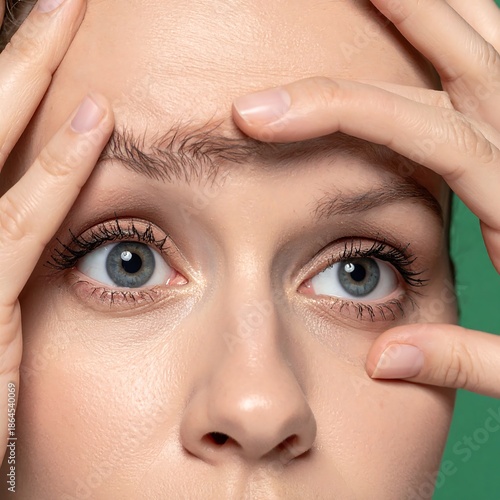 Close-up of a woman's face, hands framing her eyes