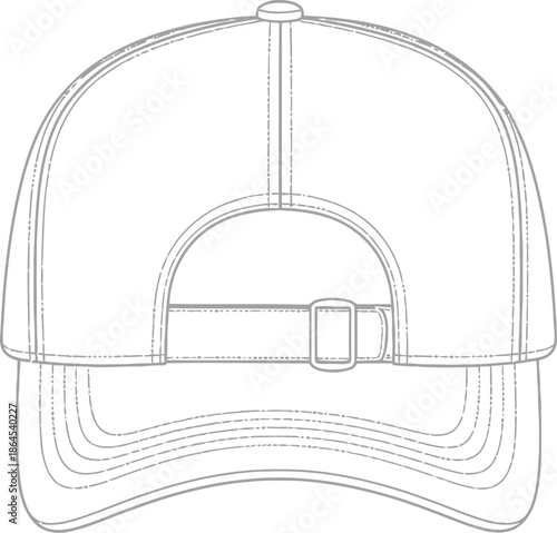 A detailed line drawing showcases a classic baseball cap with a curved brim and adjustable strap