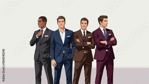 Four Men in Suits - A Study in Style and Confidence.