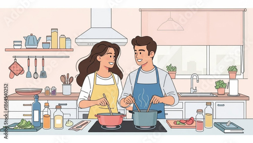 Couple cooking together in kitchen wearing aprons happily preparing meal with happy and preparation and home and lifestyle and love and interior