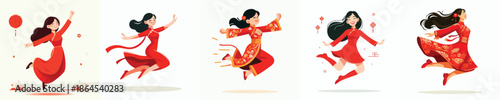 vector of a woman jumping happily celebrating Chinese New Year