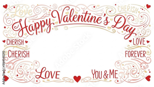Valentine's day celebration with decorative border of swirling lines, hearts, and love words on white background for romantic greeting or card