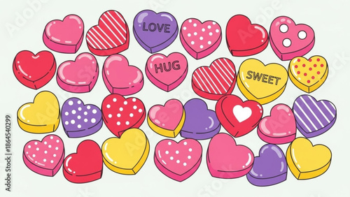 Colorful candy hearts with love, hug, and sweet messages on white background for valentine's day or sweet treats with valentine s day and heart shaped candies