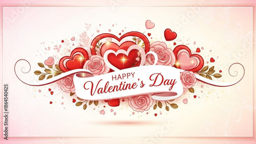 Valentine's day celebration with red hearts and roses on white background with pink border with valentine s day and love and romance and heartfelt