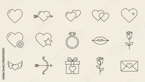 Collection of various valentine's day themed line icons including hearts, love symbols, gifts, and romantic elements for design and decoration purposes