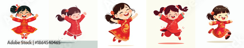vector of a little girl jumping happily celebrating Chinese New Year