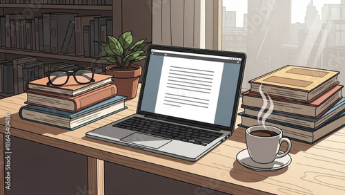 A cluttered desk with a laptop computer surrounded by stacks of books, a cup of coffee, and a potted plant in a cozy indoor setting with natural light